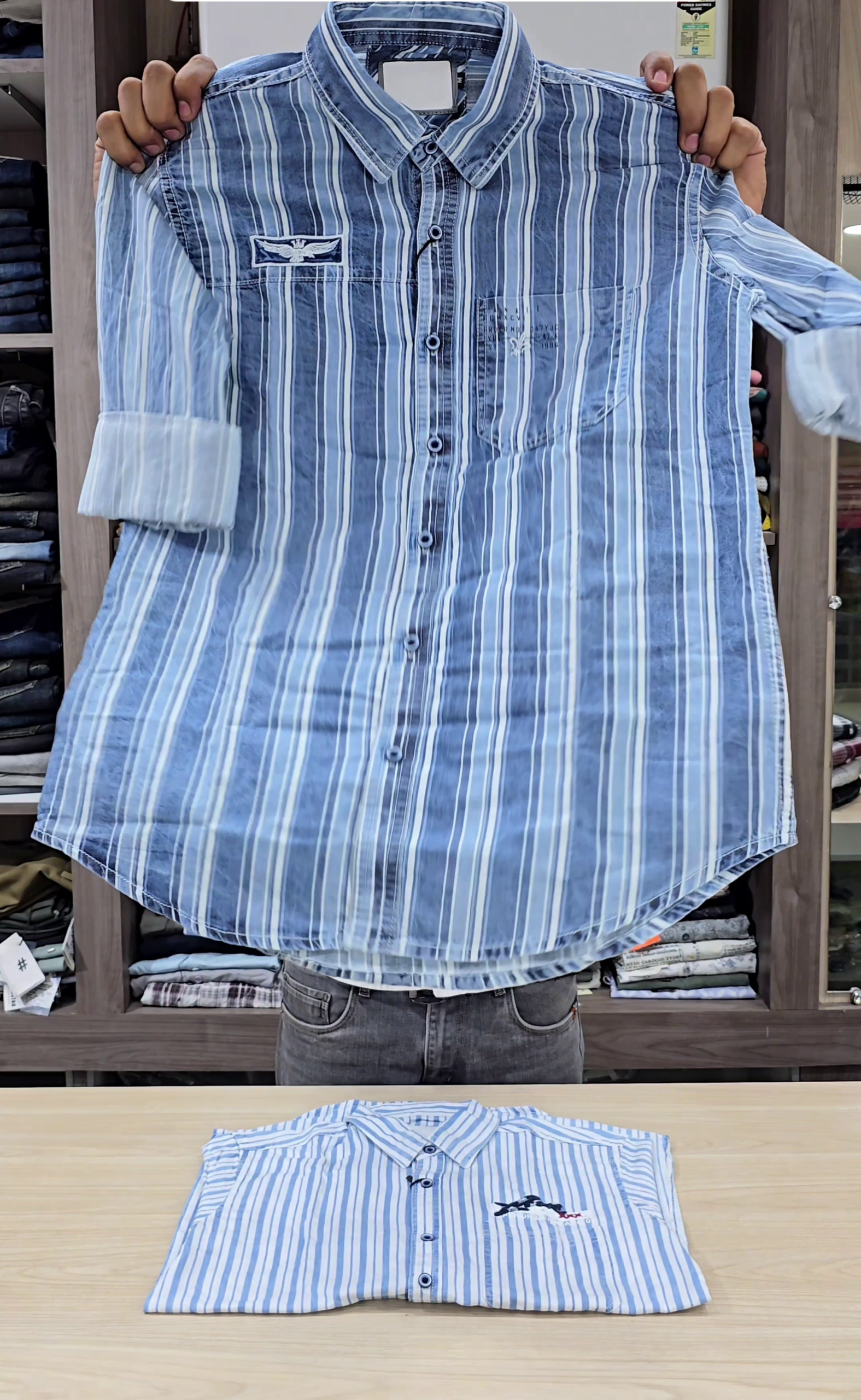 Mens Comfort Vertical Stripes Spread Collar Roll-Up Sleeves Cotton Casual Shirt